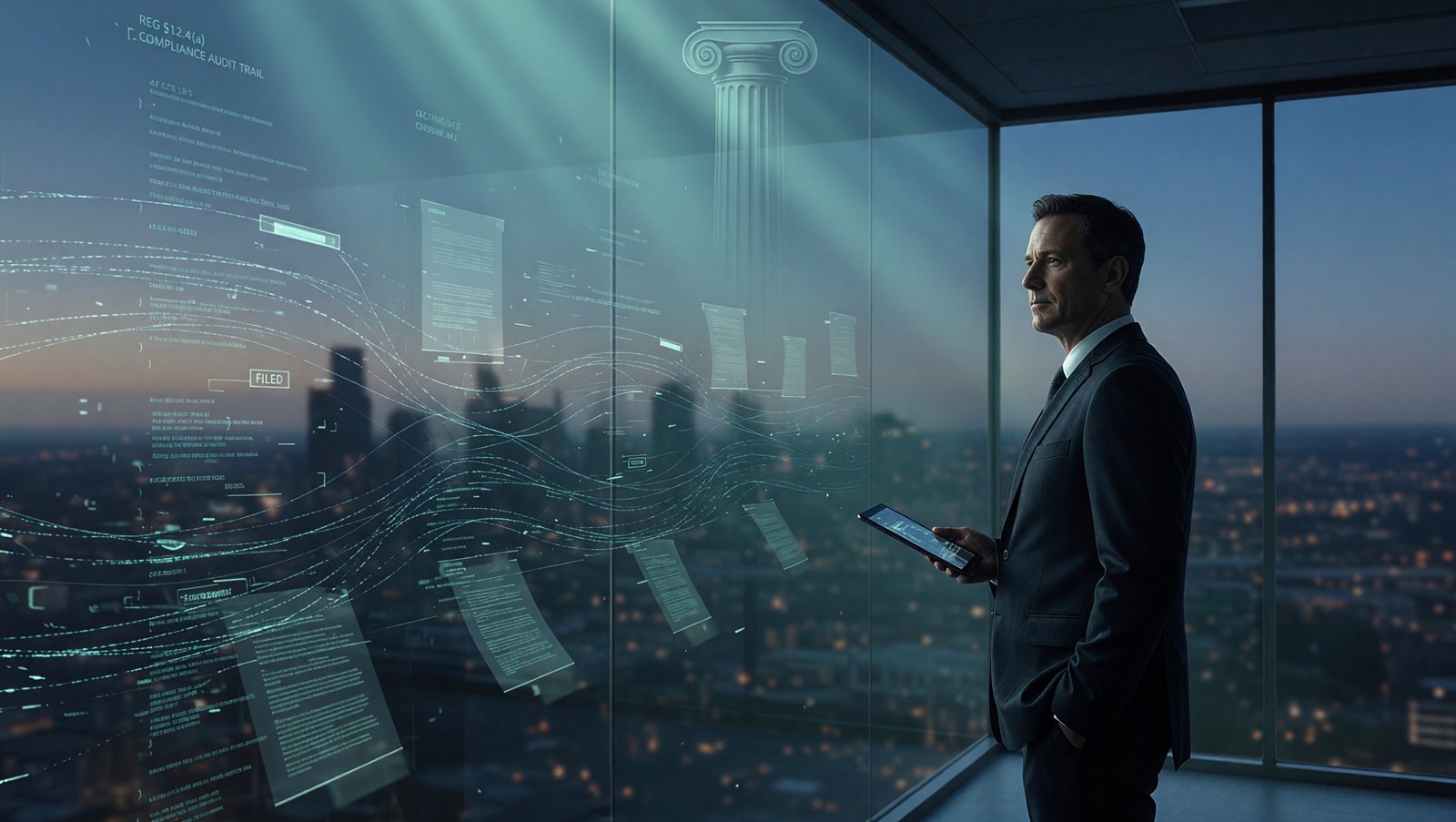 An executive at a glass wall at dusk, city skyline blending into streams of regulatory documents and data, navy and teal grade.